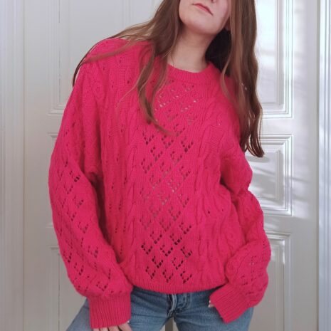 Vintage Handmade Pointelle and Cable Knit Jumper in Pink OneSize 1