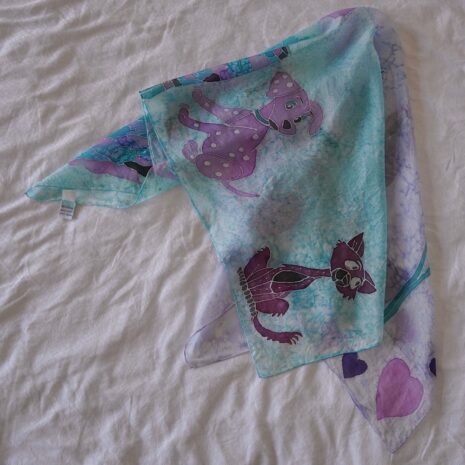 Rêvelance Vintage Scarves Silk Hand Rolled Hand Painted Cat Dogs 00021