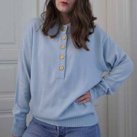 Vintage Pastel Blue Jumper with Golden Buttons OneSize Rêvelance 1