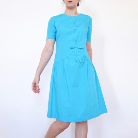 Rêvelance Vintage 50s Drop Waist Dress Tea Length Shortsleeve Teal Cyan 00002