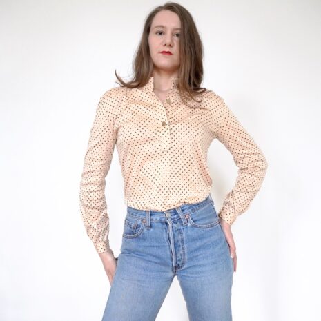 Rêvelance Vintage 70s Polkadot Jersey Longsleeve Pastel Apricot Tan Brown 00003