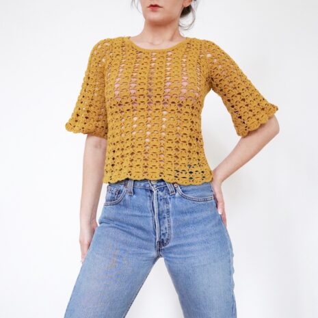 Rêvelance Vintage 70s Scalloped Crochet Top Bell Sleeves Mustard Yellow Handmade 00001