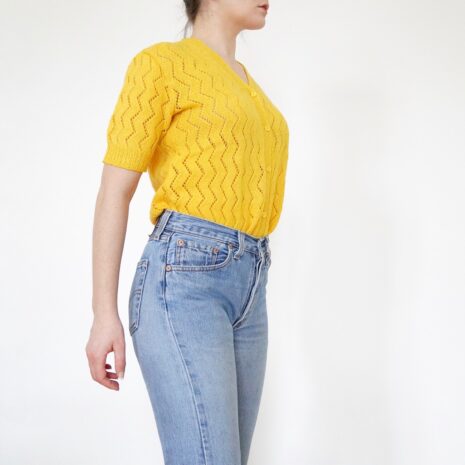 Rêvelance Vintage 70s Summer Knit Cardigan Twee Yellow Pointelle Knit Cardi Top 00004