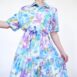 Rêvelance Vintage 80s Floral Dress Pleats Midi Shirt Dress Pleated Pastel Purple Blue Green 00002