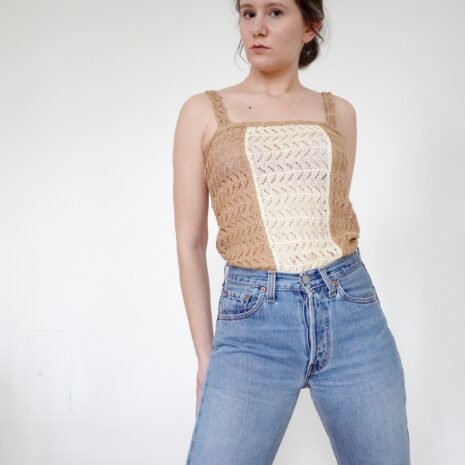 Rêvelance Vintage Boho Crochet Top Handmade Neutrals Tan Ecru Camisole Pointelle Knit 00003