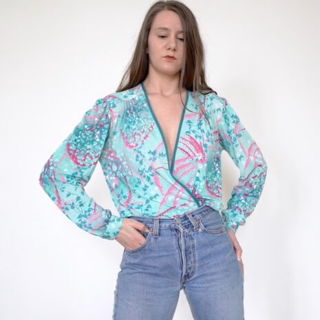 Rêvelance Vintage Floral Nylon Wrap Blouse Puffed Sleeves Mint SWAN Italy 00005