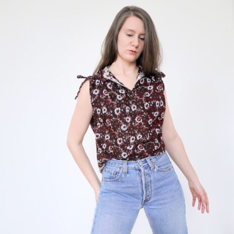 Vintage floral 90s blouse strap cinched vintage brown flower print cotton top Revelance Vintage00006