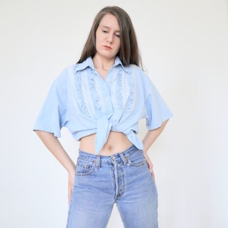 Vintage gingham top blue ruffles chambray Shirt Revelance Vintage00003