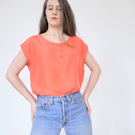 Vintage silk blouse henley neckline tank top coral pink Revelance Vintage00003