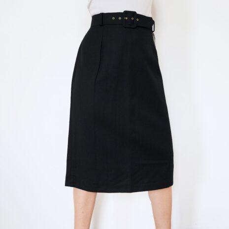 80s Deadstock Pure Wool Skirt in Black with Belt Revelance Vintage 00001