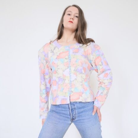 80s Pastel Floral Sweater Cardigan Revelance Vintage 00001