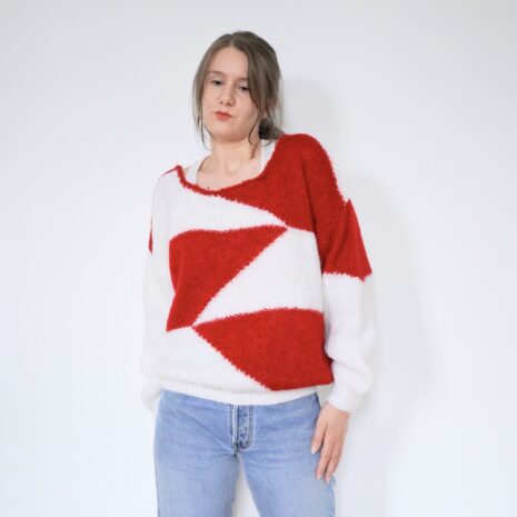 Vintage Handmade Chunky Knit Jumper Red White Geometric Pattern Revelance Vintage 00004