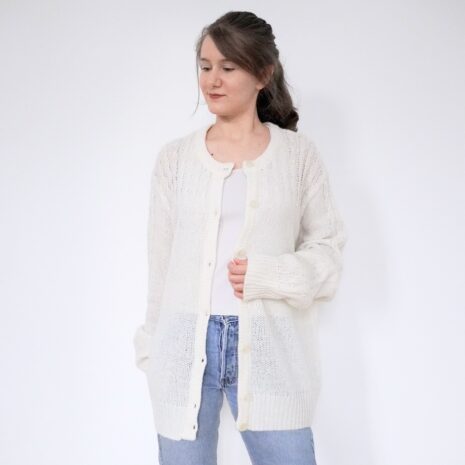 Vintage Oversized White Mohair Cardigan Beaded Cable Knit Revelance Vintage 00003