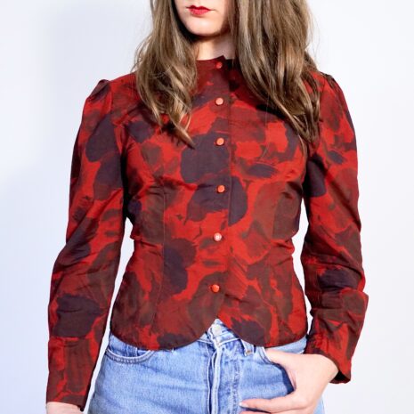 70s Blouse Red Blouse Vintage Floral Top Puff Sleeve Blouse Womens Red Blouse Feminine Revelance Vintage 00001