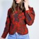 70s Blouse Red Blouse Vintage Floral Top Puff Sleeve Blouse Womens Red Blouse Feminine Revelance Vintage 00004